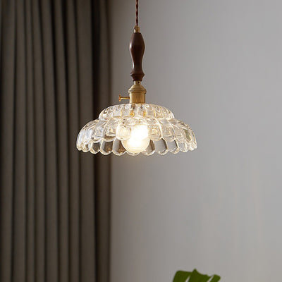Abat-jour en verre de fleur en bois de noyer japonais traditionnel, suspension à 1 lumière pour salon 