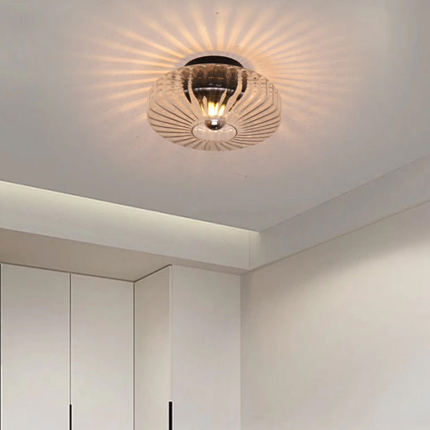 Lustre semi-encastré moderne de luxe avec abat-jour en verre à grain vertical rond 1 lumière pour salon 