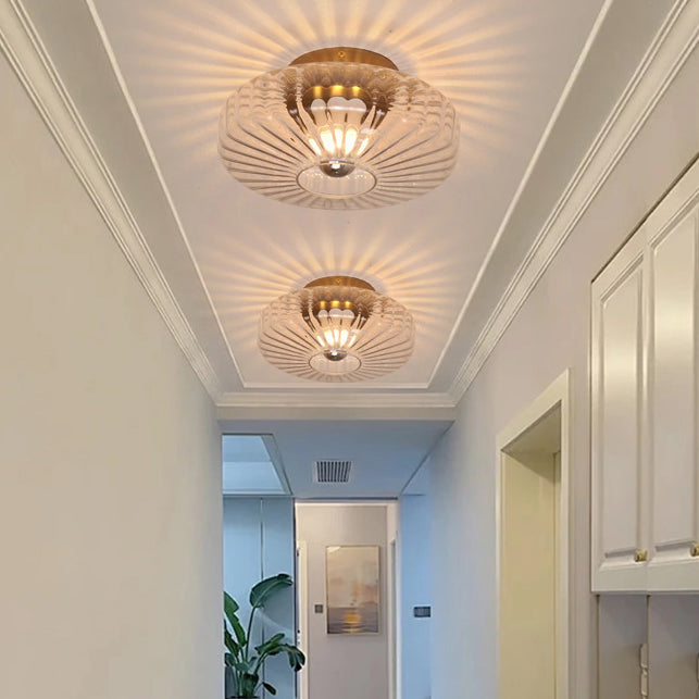 Lustre semi-encastré moderne de luxe avec abat-jour en verre à grain vertical rond 1 lumière pour salon 
