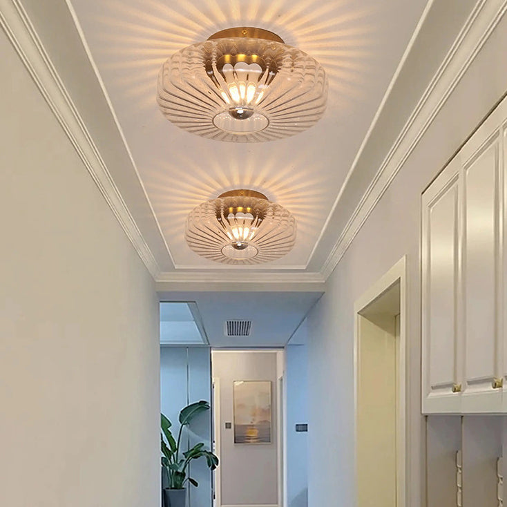 Lustre semi-encastré moderne de luxe avec abat-jour en verre à grain vertical rond 1 lumière pour salon 