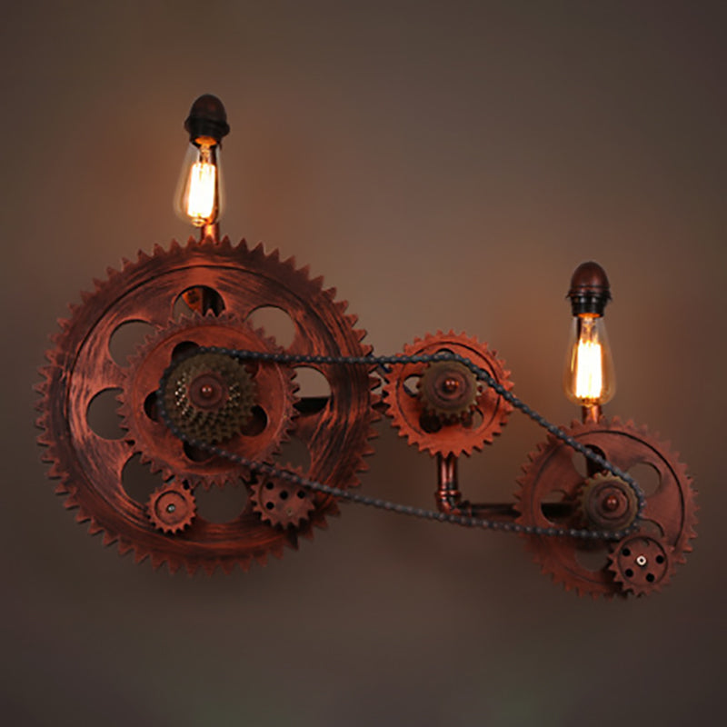 Diseño de engranaje de tubería de agua de hierro retro contemporáneo, lámpara de aplique de pared de 2 luces para salas de entretenimiento 