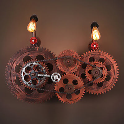 Diseño de engranaje de tubería de agua de hierro retro contemporáneo, lámpara de aplique de pared de 2 luces para salas de entretenimiento 