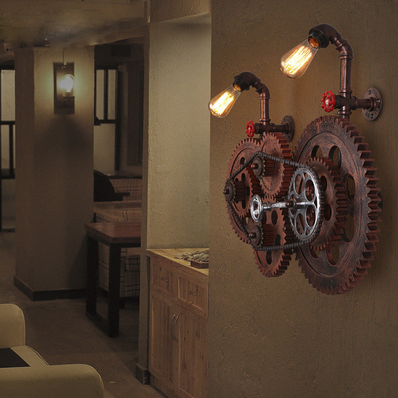 Diseño de engranaje de tubería de agua de hierro retro contemporáneo, lámpara de aplique de pared de 2 luces para salas de entretenimiento 