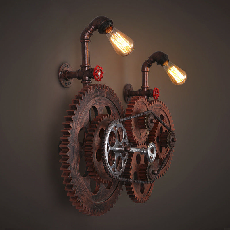 Diseño de engranaje de tubería de agua de hierro retro contemporáneo, lámpara de aplique de pared de 2 luces para salas de entretenimiento 