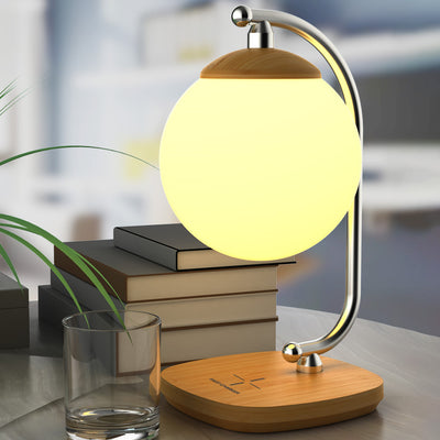 Zeitgenössische skandinavische ABS Mond Schatten Nachahmung Holzmaserung Basis LED Tischlampe für Schlafzimmer 