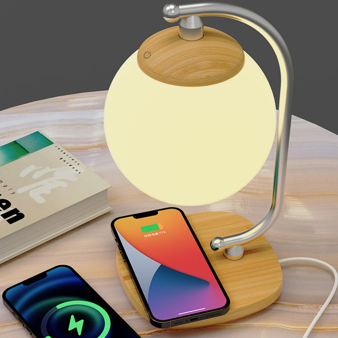 Zeitgenössische skandinavische ABS Mond Schatten Nachahmung Holzmaserung Basis LED Tischlampe für Schlafzimmer 