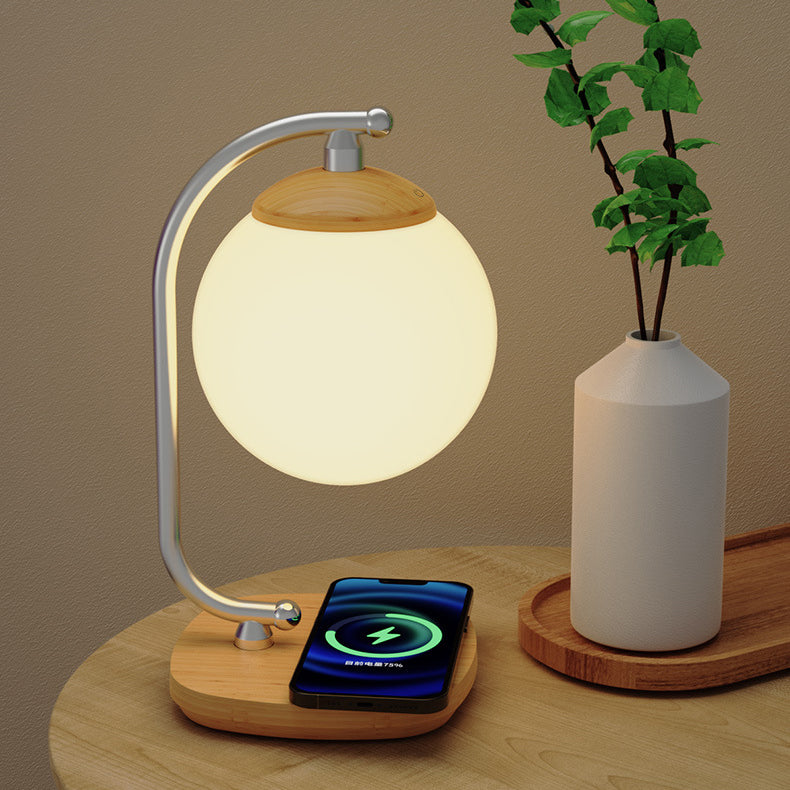 Zeitgenössische skandinavische ABS Mond Schatten Nachahmung Holzmaserung Basis LED Tischlampe für Schlafzimmer 