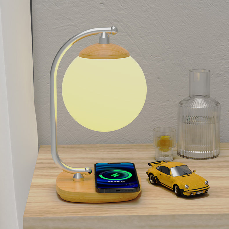 Zeitgenössische skandinavische ABS Mond Schatten Nachahmung Holzmaserung Basis LED Tischlampe für Schlafzimmer 