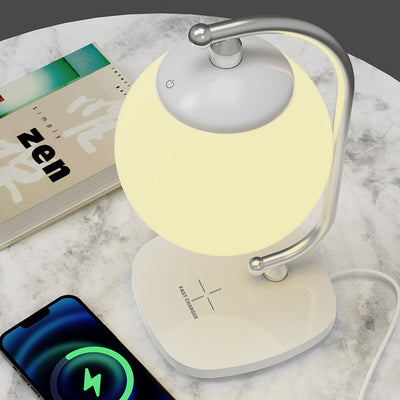 Zeitgenössische skandinavische ABS Mond Schatten Nachahmung Holzmaserung Basis LED Tischlampe für Schlafzimmer 