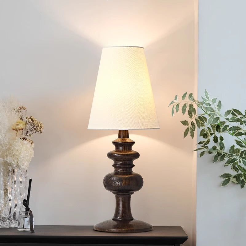Pantalla redonda de tela francesa tradicional, base de madera maciza, lámpara de mesa de 1 luz para dormitorio 