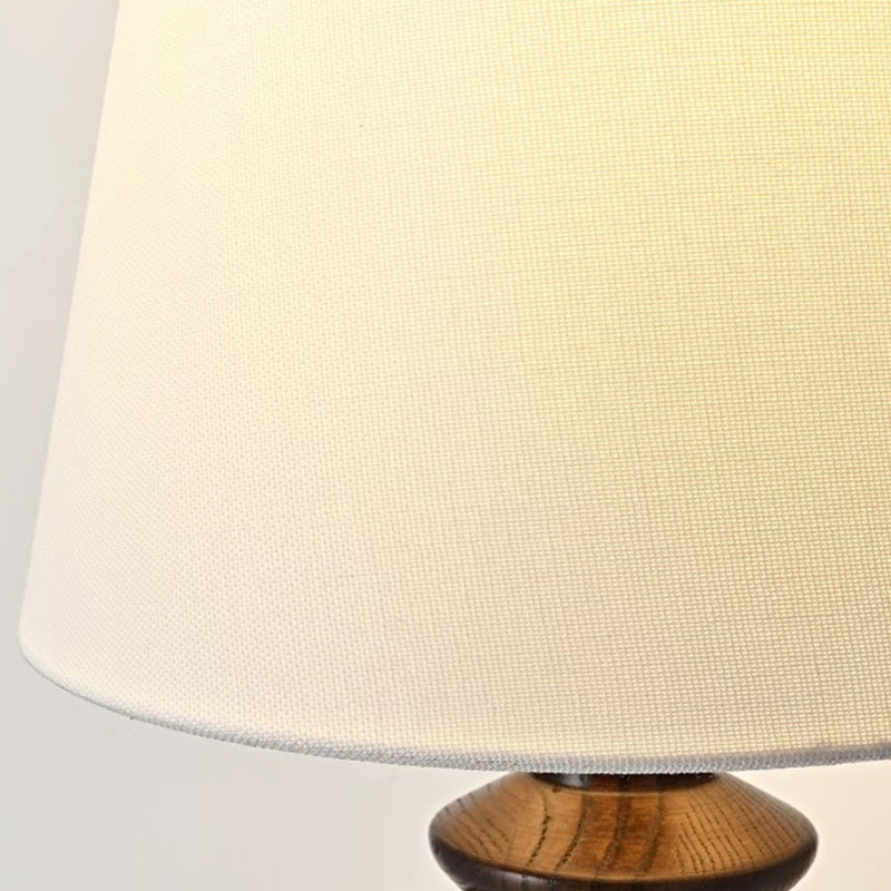 Pantalla redonda de tela francesa tradicional, base de madera maciza, lámpara de mesa de 1 luz para dormitorio 