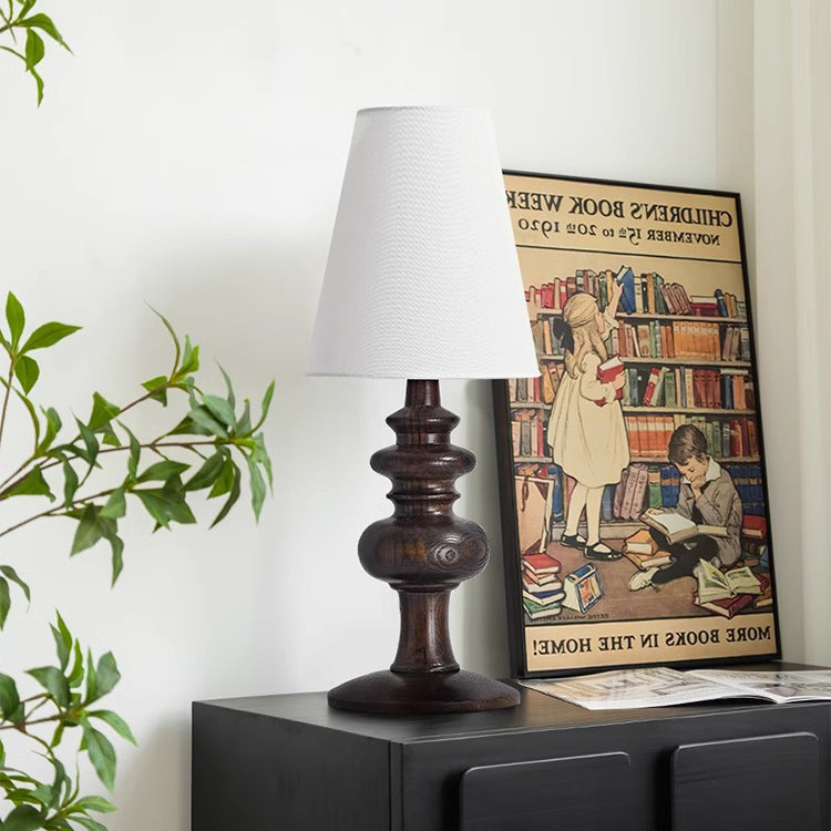 Pantalla redonda de tela francesa tradicional, base de madera maciza, lámpara de mesa de 1 luz para dormitorio 