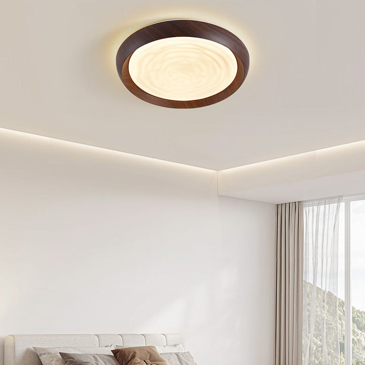Luz de techo LED empotrada redonda de hierro con acabado en grano de madera de nogal japonés tradicional para sala de estar 