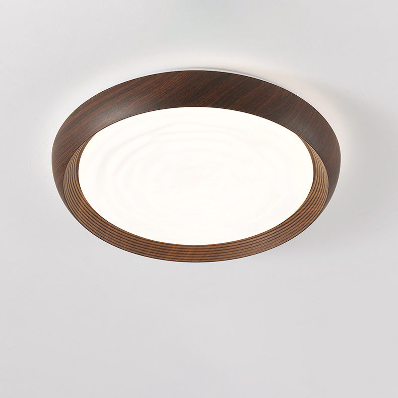 Traditional Japanese Walnut Wood Grain Round Iron LED Flush Mount Ceiling Light For Living Room