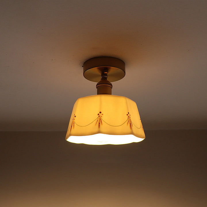 Luz de techo semiempotrada de 1 luz con cerámica impresa vidriada de latón antiguo francés tradicional para sala de estar 