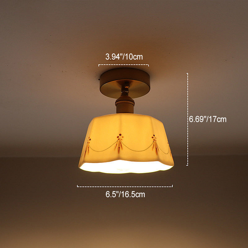Luz de techo semiempotrada de 1 luz con cerámica impresa vidriada de latón antiguo francés tradicional para sala de estar 