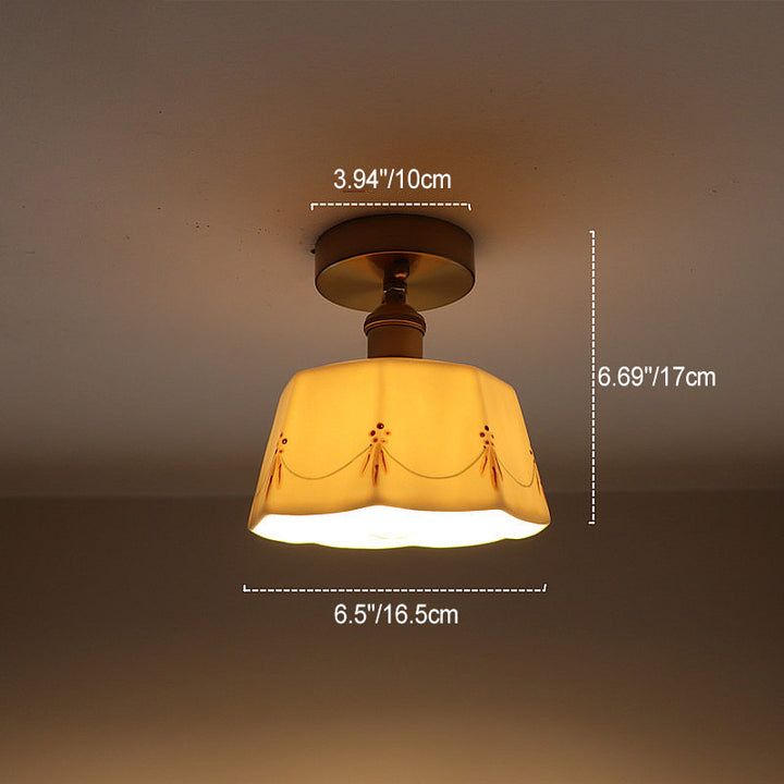 Luz de techo semiempotrada de 1 luz con cerámica impresa vidriada de latón antiguo francés tradicional para sala de estar 