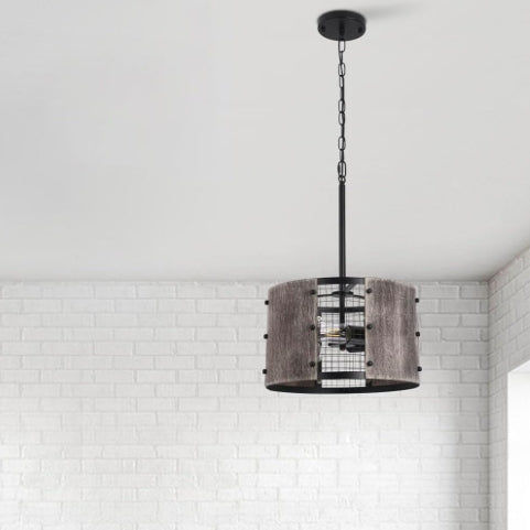 Lámpara de Araña de 3 Luces con Pantalla de Tambor de Madera y Red de Hierro de Estilo Rústico Tradicional para Comedor 