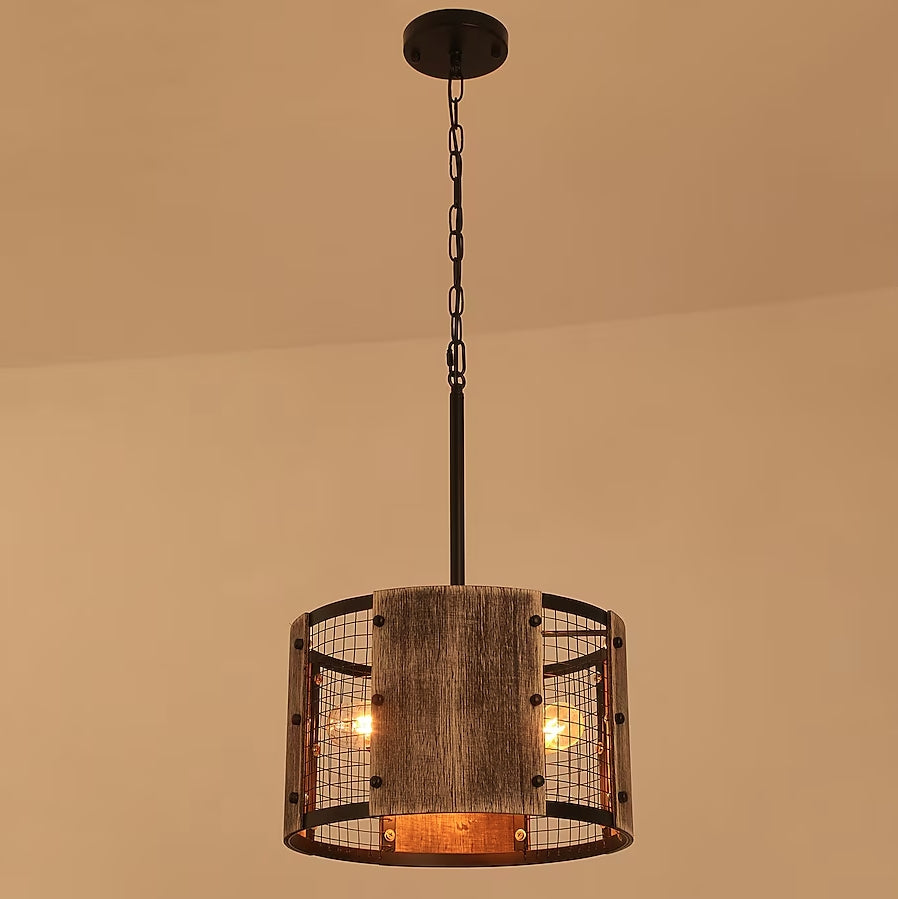 Lámpara de Araña de 3 Luces con Pantalla de Tambor de Madera y Red de Hierro de Estilo Rústico Tradicional para Comedor 