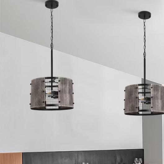 Lámpara de Araña de 3 Luces con Pantalla de Tambor de Madera y Red de Hierro de Estilo Rústico Tradicional para Comedor 