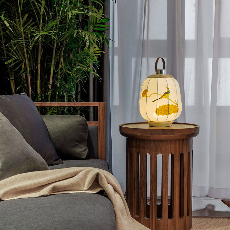 Traditionelle chinesische Stoff Laterne Schatten Holz USB LED Tischlampe für Wohnzimmer 