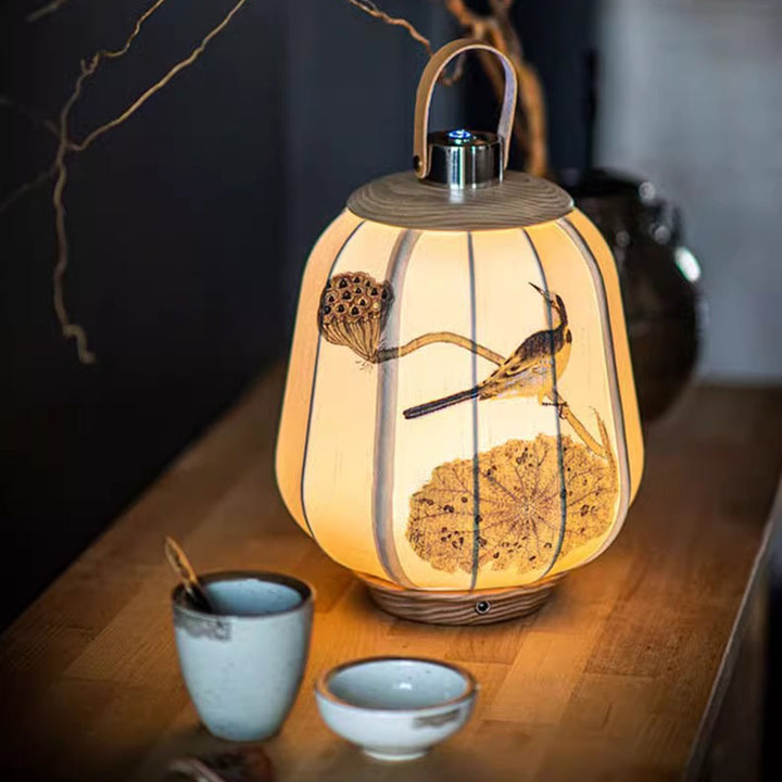 Traditionelle chinesische Stoff Laterne Schatten Holz USB LED Tischlampe für Wohnzimmer 