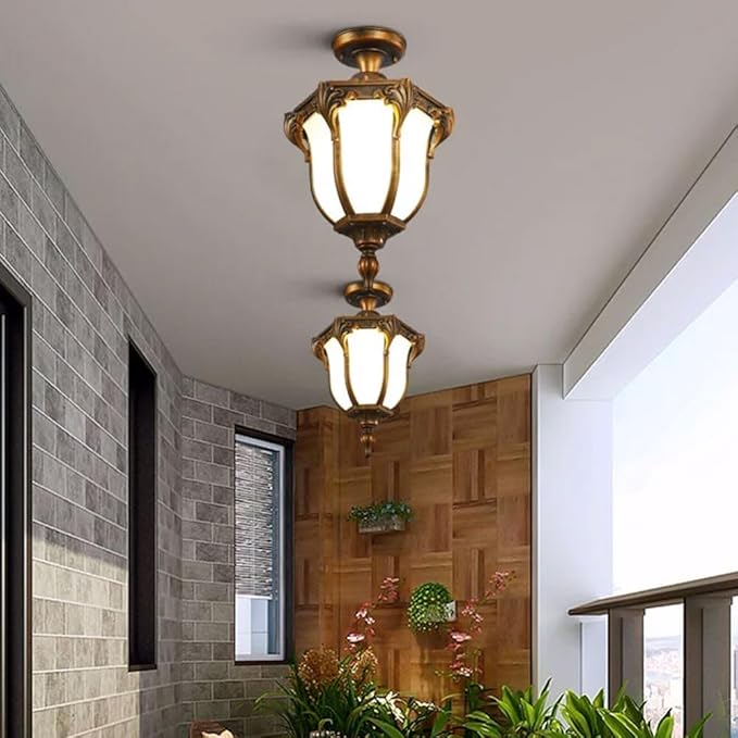 Traditionelle Vintage Aluminium Polygon Glas 1-Licht wasserdichte Outdoor Semi-Flush Mount Deckenleuchte für den Garten 