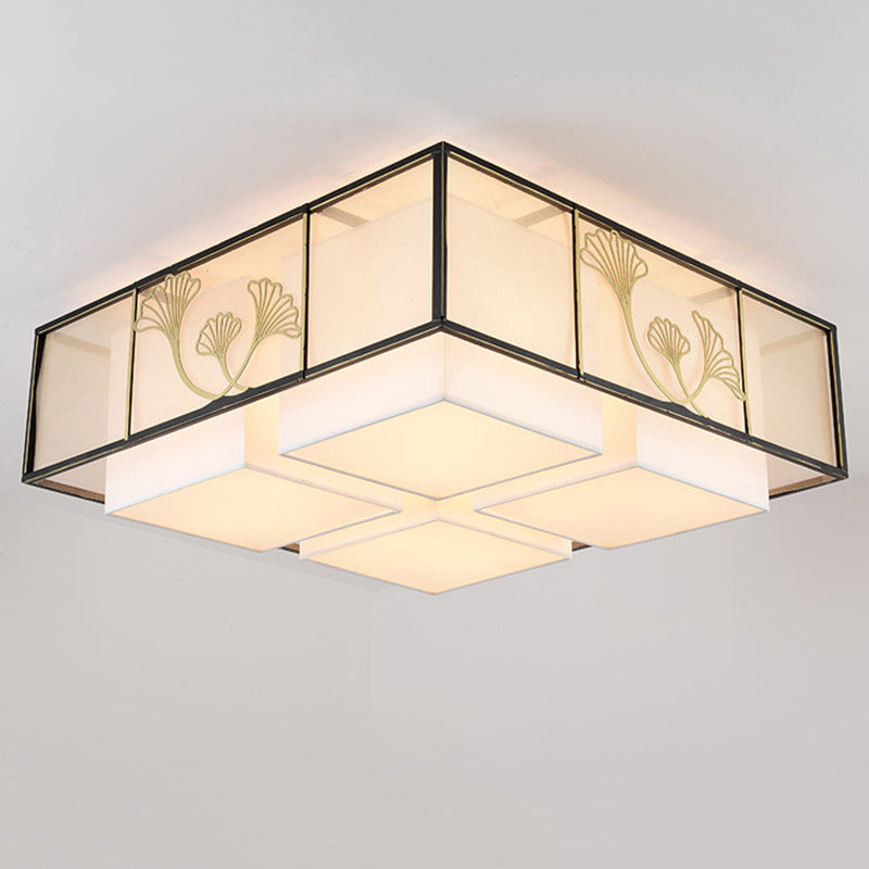 Traditionelle chinesische Lotusblatt-Dekoration, Stoff, rund, 5-flammig, Deckenleuchte für Wohnzimmer 