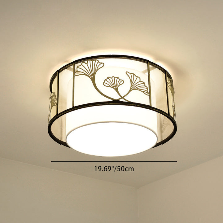 Traditional Chinese Lotus Leaf Decoration Fabric Round 5-Light Flush Mount Ceiling Light For Living Room