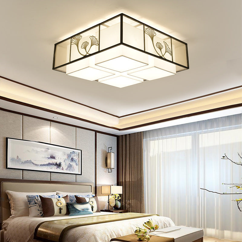 Traditionelle chinesische Lotusblatt-Dekoration, Stoff, rund, 5-flammig, Deckenleuchte für Wohnzimmer 