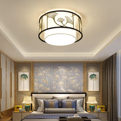 Traditionelle chinesische Lotusblatt-Dekoration, Stoff, rund, 5-flammig, Deckenleuchte für Wohnzimmer 