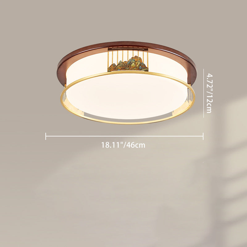 Cadre en laiton chinois traditionnel en bois de noyer géométrique cuboïde LED Plafonnier encastré pour salon 