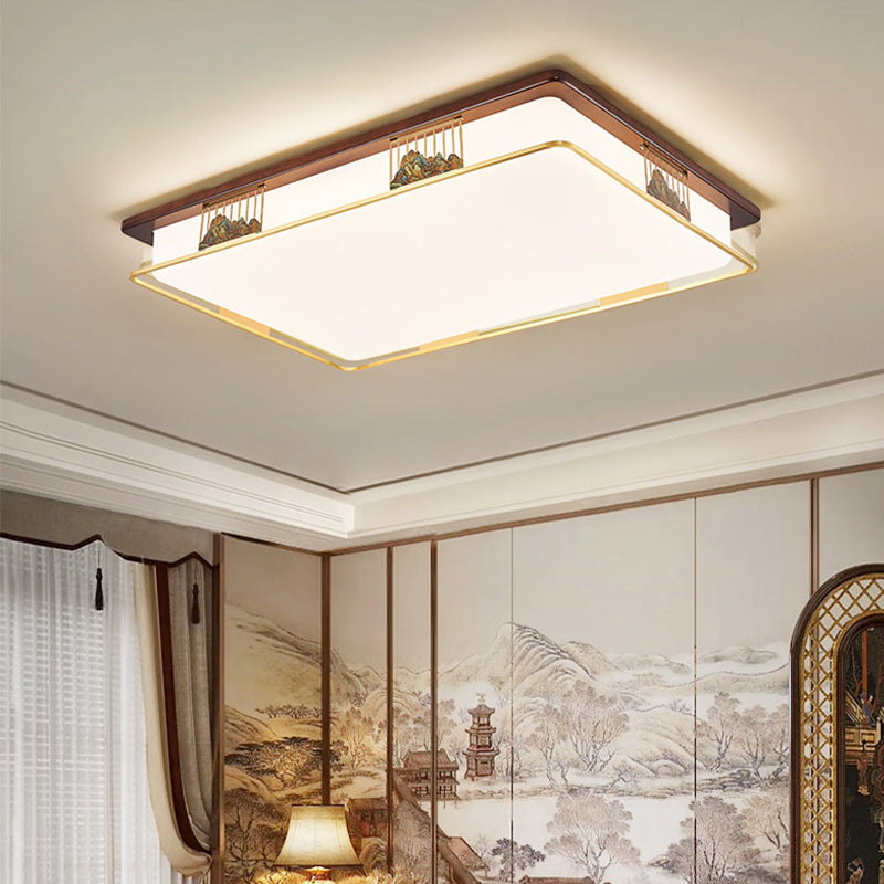 Cadre en laiton chinois traditionnel en bois de noyer géométrique cuboïde LED Plafonnier encastré pour salon 