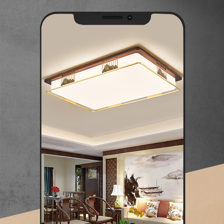 Cadre en laiton chinois traditionnel en bois de noyer géométrique cuboïde LED Plafonnier encastré pour salon 