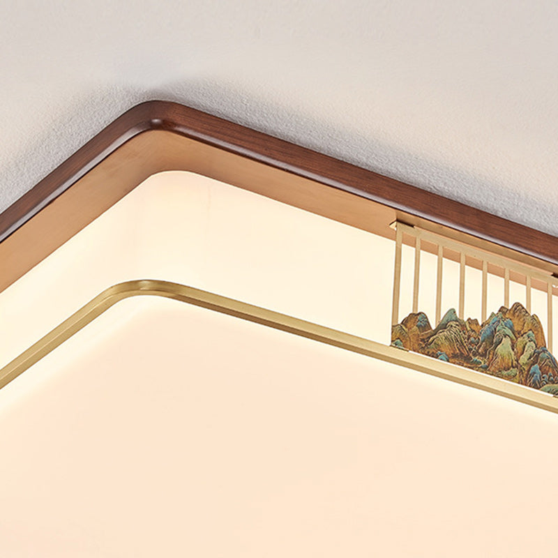 Cadre en laiton chinois traditionnel en bois de noyer géométrique cuboïde LED Plafonnier encastré pour salon 