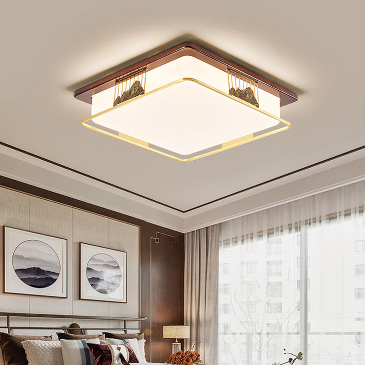 Cadre en laiton chinois traditionnel en bois de noyer géométrique cuboïde LED Plafonnier encastré pour salon 