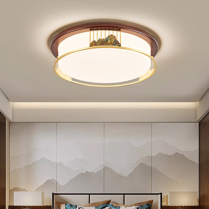 Cadre en laiton chinois traditionnel en bois de noyer géométrique cuboïde LED Plafonnier encastré pour salon 