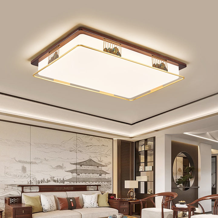 Cadre en laiton chinois traditionnel en bois de noyer géométrique cuboïde LED Plafonnier encastré pour salon 
