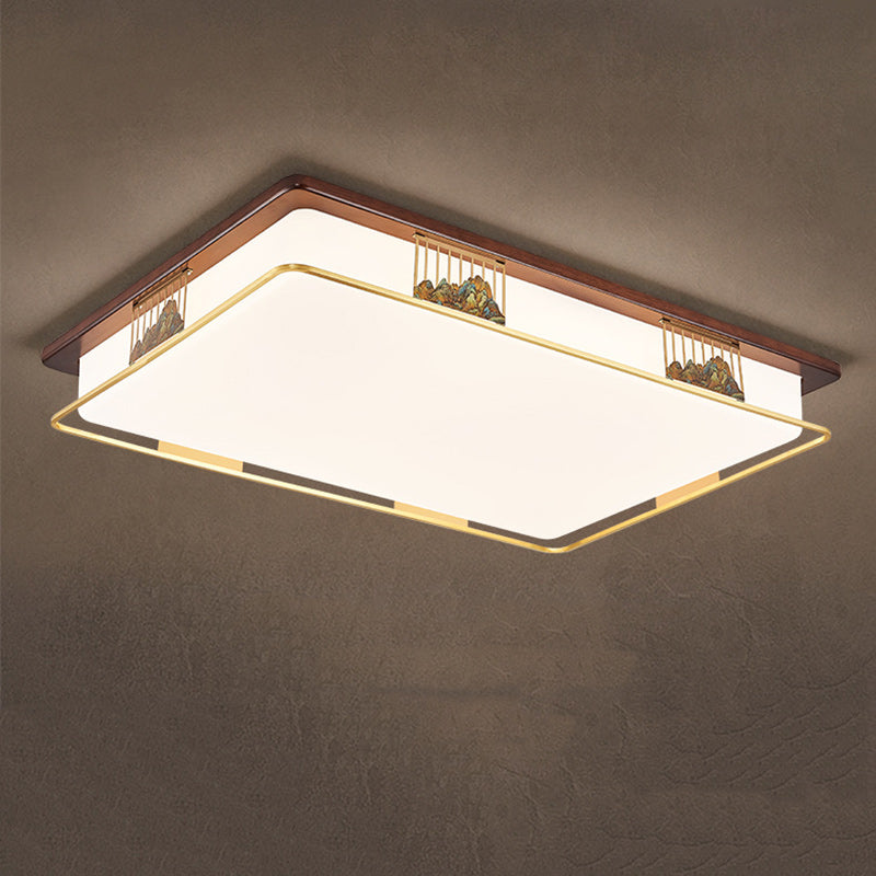 Cadre en laiton chinois traditionnel en bois de noyer géométrique cuboïde LED Plafonnier encastré pour salon 