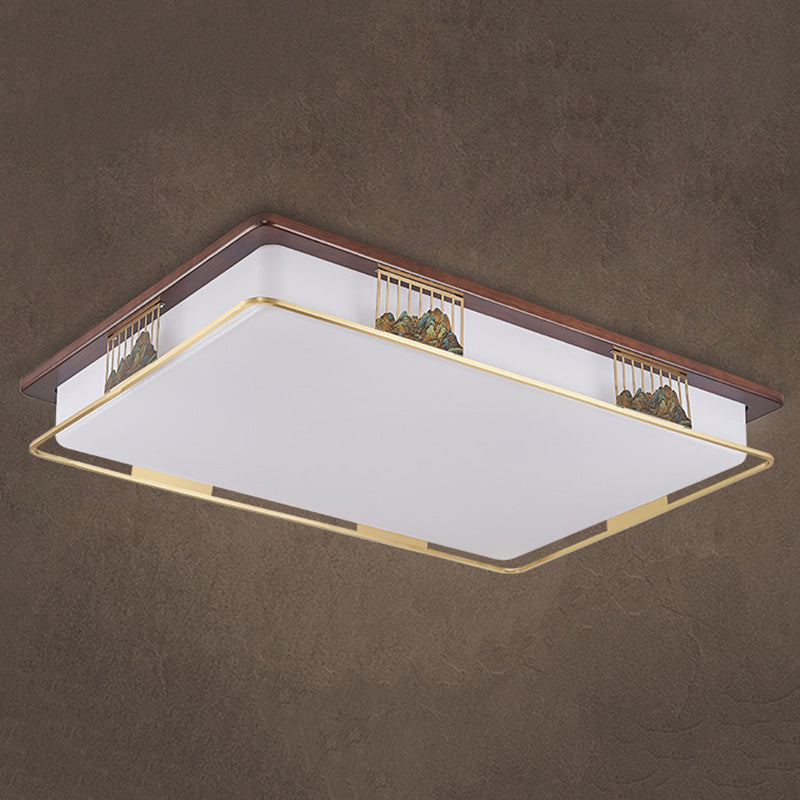 Cadre en laiton chinois traditionnel en bois de noyer géométrique cuboïde LED Plafonnier encastré pour salon 