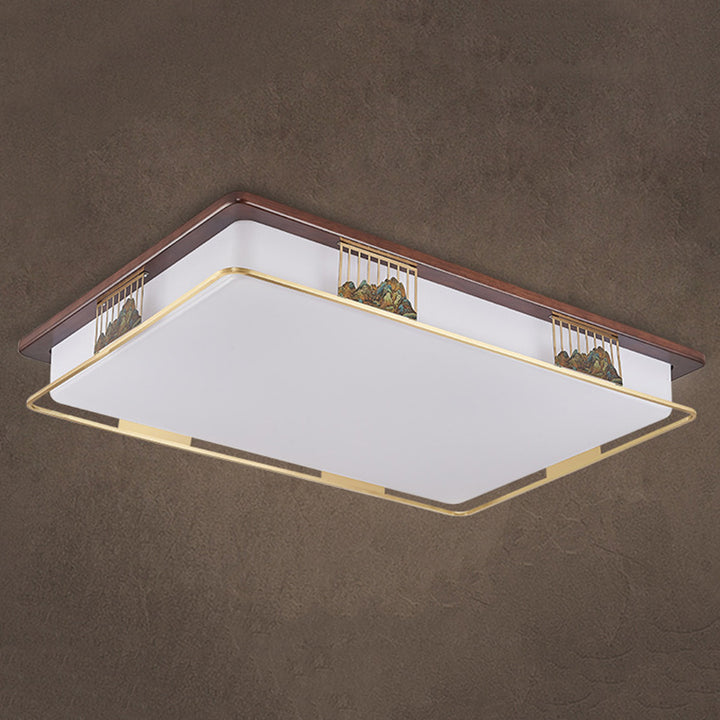 Cadre en laiton chinois traditionnel en bois de noyer géométrique cuboïde LED Plafonnier encastré pour salon 