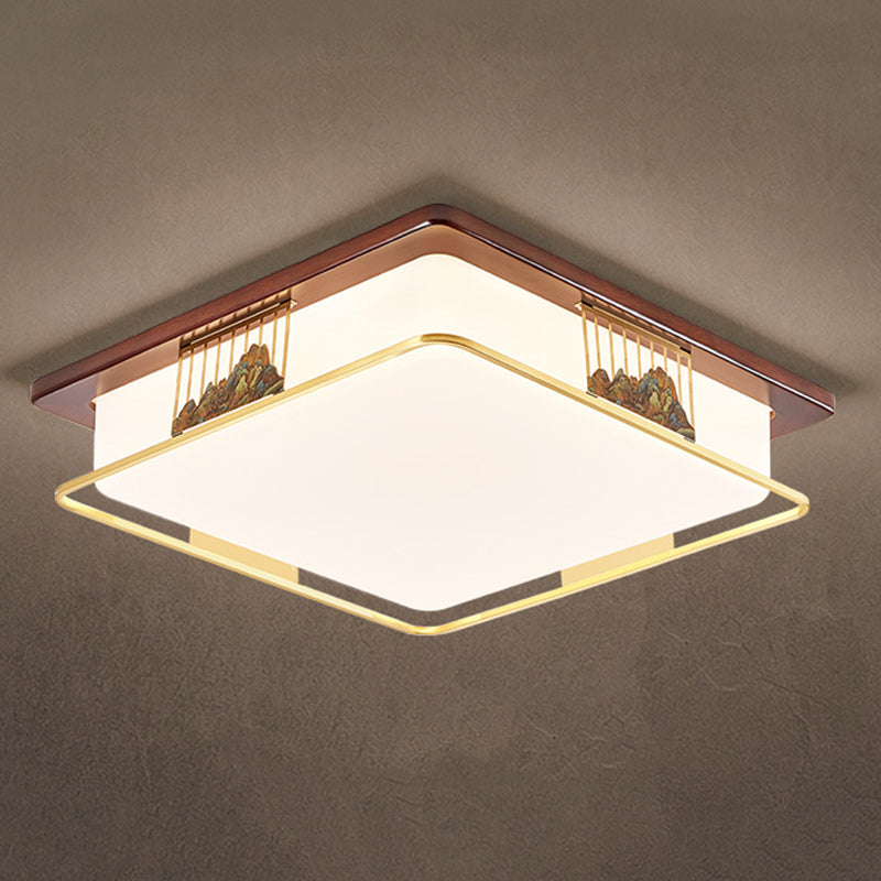 Cadre en laiton chinois traditionnel en bois de noyer géométrique cuboïde LED Plafonnier encastré pour salon 