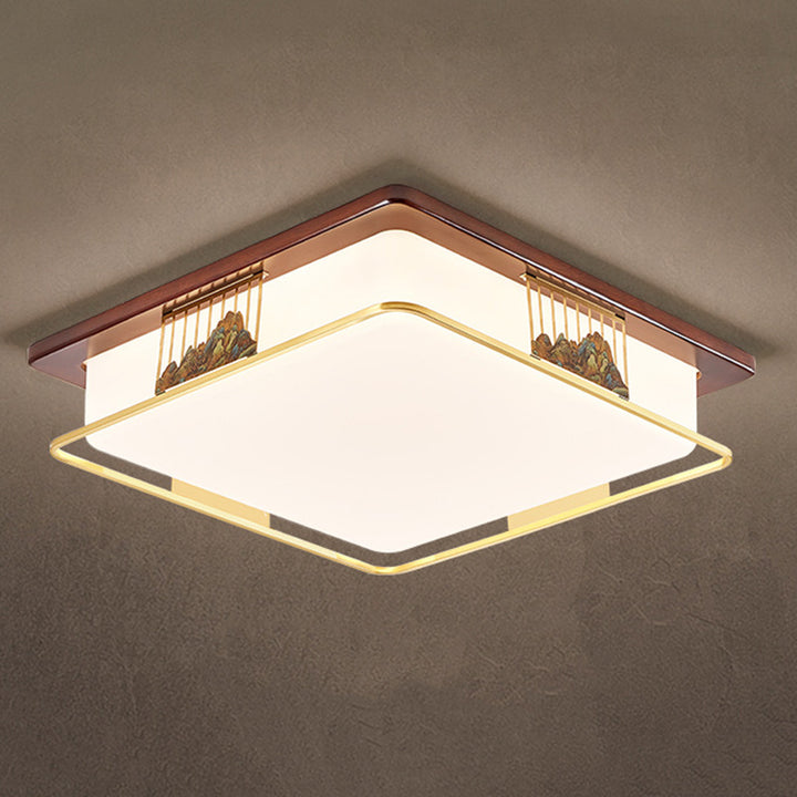Cadre en laiton chinois traditionnel en bois de noyer géométrique cuboïde LED Plafonnier encastré pour salon 