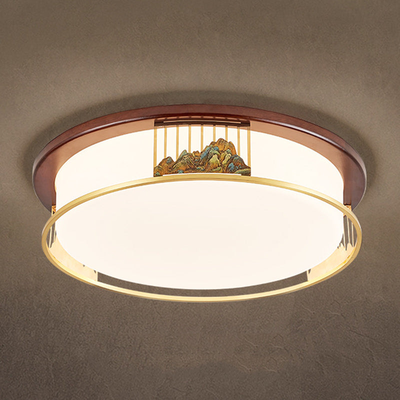 Cadre en laiton chinois traditionnel en bois de noyer géométrique cuboïde LED Plafonnier encastré pour salon 