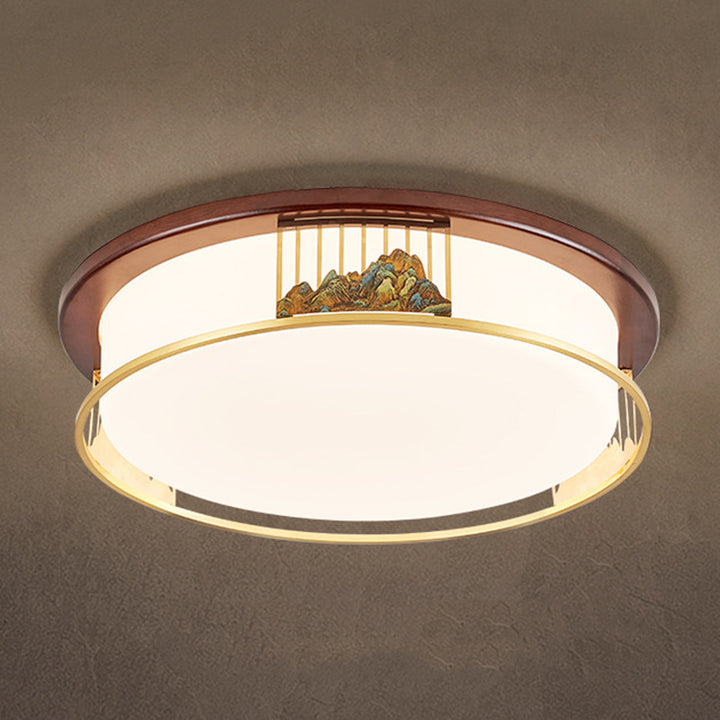 Cadre en laiton chinois traditionnel en bois de noyer géométrique cuboïde LED Plafonnier encastré pour salon 