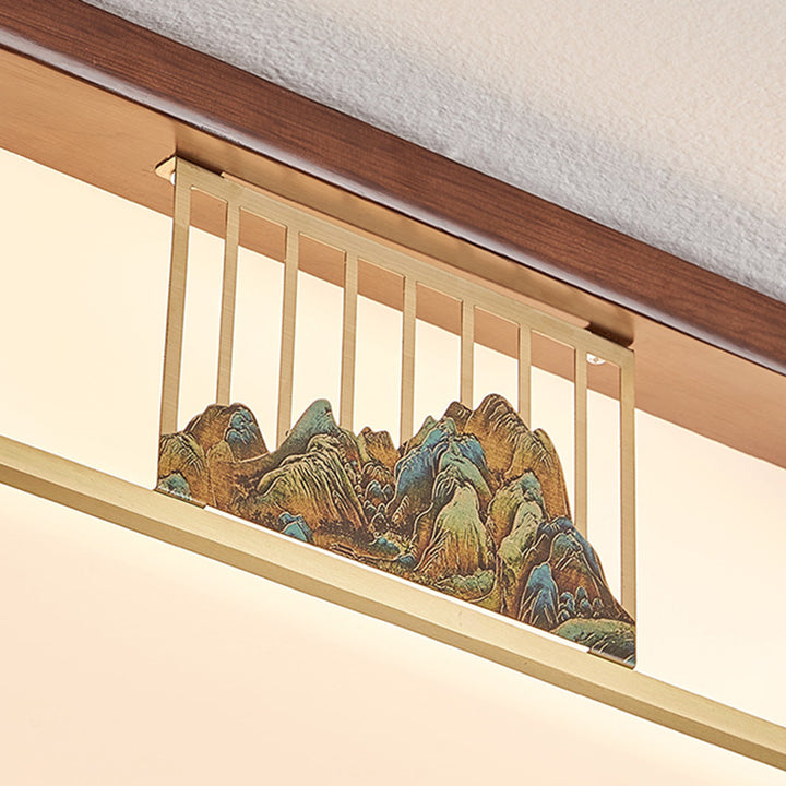 Cadre en laiton chinois traditionnel en bois de noyer géométrique cuboïde LED Plafonnier encastré pour salon 