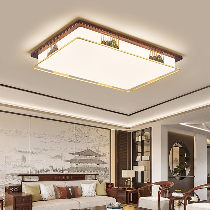 Cadre en laiton chinois traditionnel en bois de noyer géométrique cuboïde LED Plafonnier encastré pour salon 