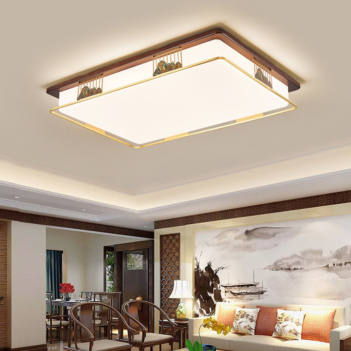 Cadre en laiton chinois traditionnel en bois de noyer géométrique cuboïde LED Plafonnier encastré pour salon 