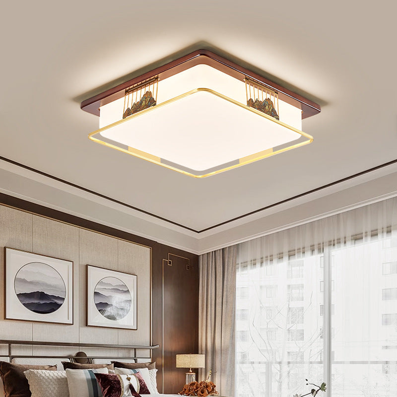 Cadre en laiton chinois traditionnel en bois de noyer géométrique cuboïde LED Plafonnier encastré pour salon 