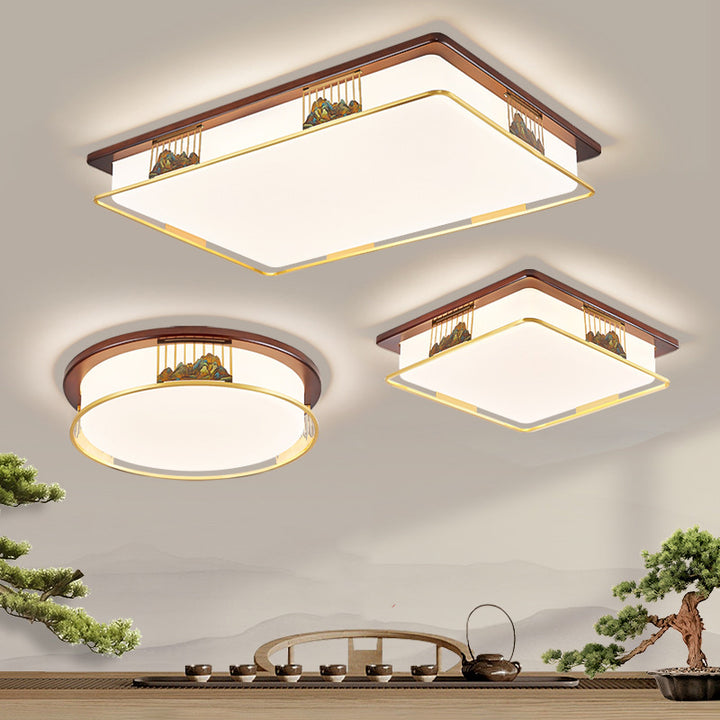 Cadre en laiton chinois traditionnel en bois de noyer géométrique cuboïde LED Plafonnier encastré pour salon 